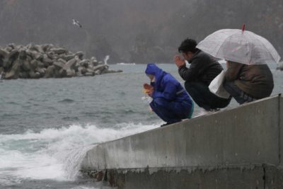 津波で亡くなった人たちに向けてお祈りをする人たちの写真